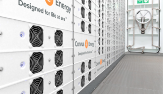 Rendering of a Corvus Dolphin Energy NxtGen Energy Storage System inside a vessel battery room