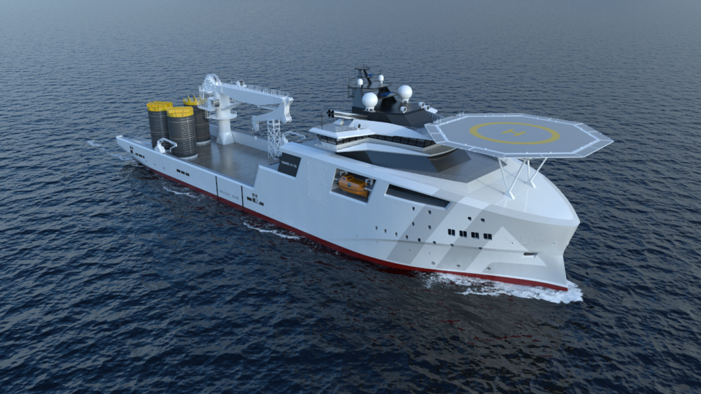 Caption: Illustration of VARD 2 18 with ZeroClass design, specialized anchor handling vessel for zero emission operation of floating offshore wind turbines. Illustration: Vard Design AS